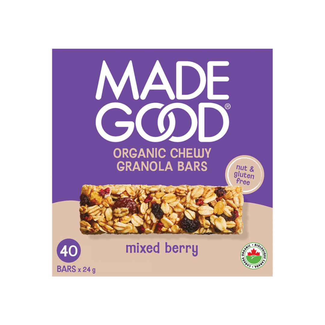 Box of Made Good organic chewy granola bars with a purple label